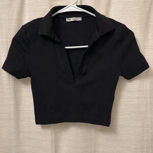 ZARA cropped collared short sleeve top, size S, black